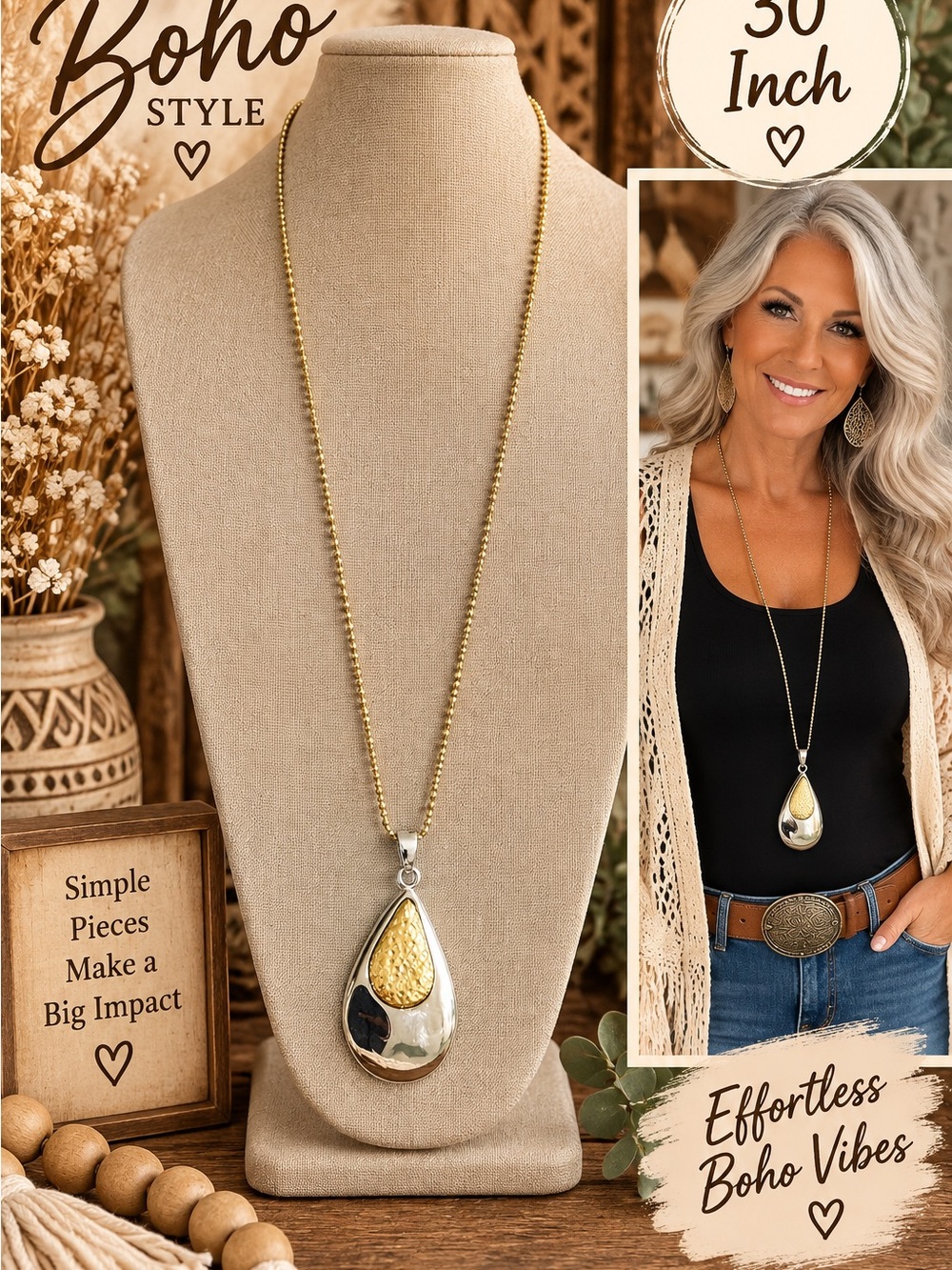 734 Boho Two-Tone Teardrop Pendant Necklace - Gold & Silver Finish